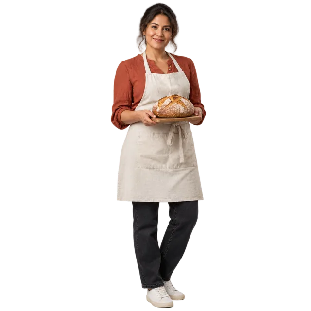 Woman wearing a cream apron over a rust-colored top while holding a loaf of bread