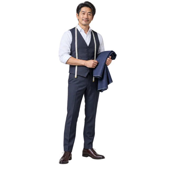Man in a dark vest and trousers holding a jacket with a measuring tape around his neck