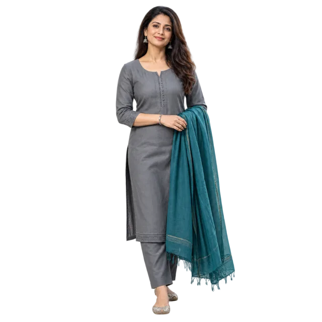 Woman in a grey outfit holding a long piece of teal fabric