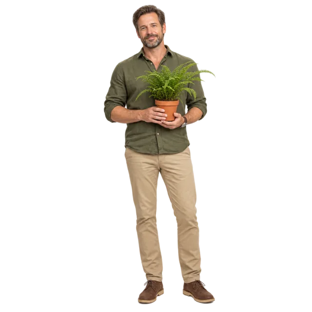 Man in an olive shirt and beige trousers holding a small potted fern