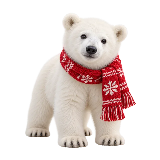 A white polar bear cub wearing a red scarf with white snowflakes