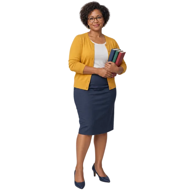 Woman wearing glasses, a mustard cardigan and a navy skirt while holding books