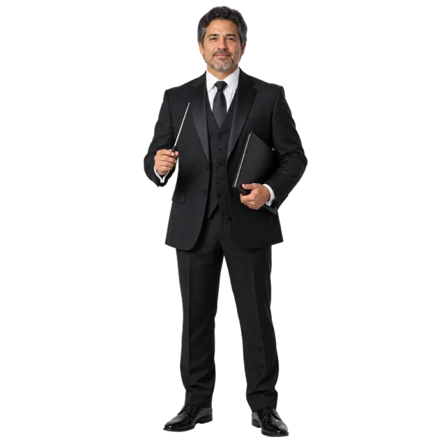 Man in a black suit and tie holding a slender conducting baton