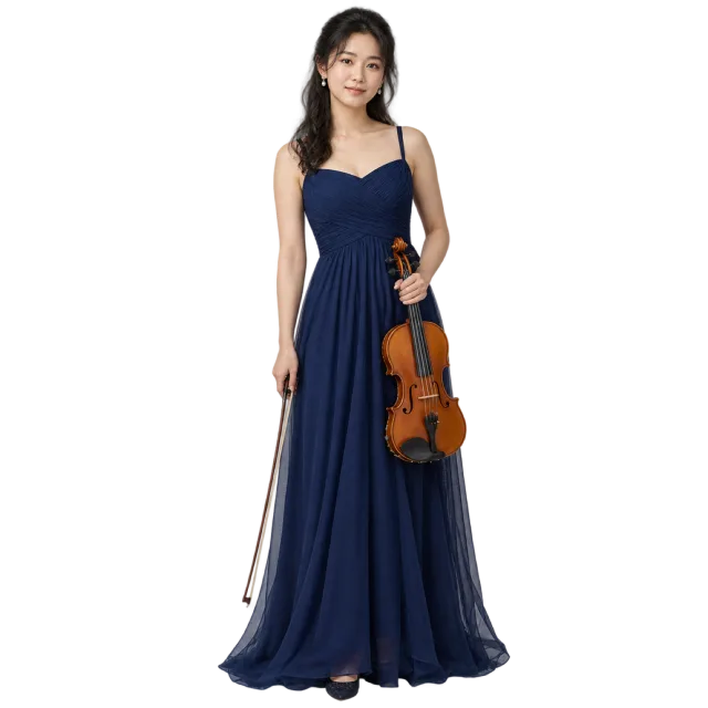 Woman wearing a long navy dress while holding a violin and bow