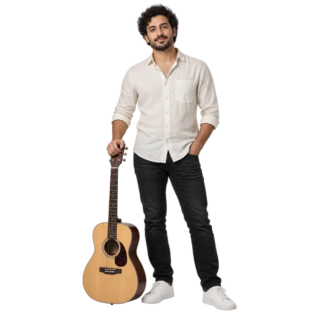 Man in a white shirt and black trousers standing beside an acoustic guitar