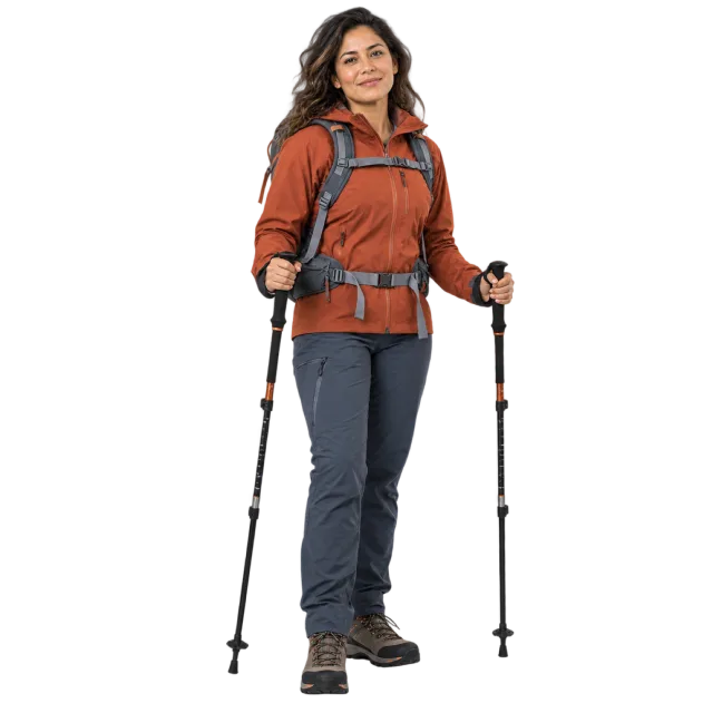 Woman wearing an orange outdoor jacket and backpack while holding two trekking poles