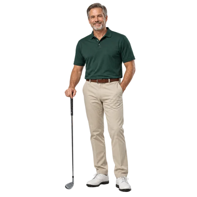 Man wearing a green polo shirt and beige trousers while holding a golf club