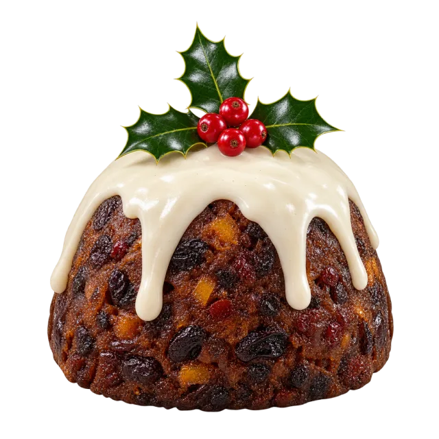A fruit pudding topped with dripping white icing and holly berries