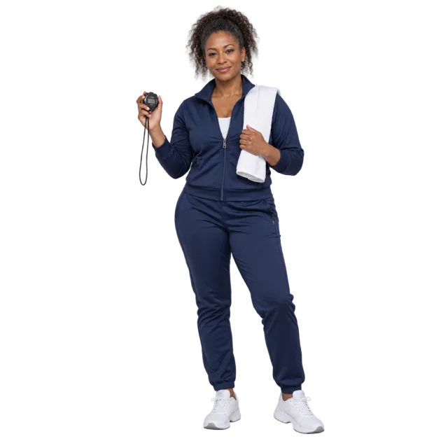 Woman in a navy tracksuit holding a stopwatch with a white towel over one shoulder