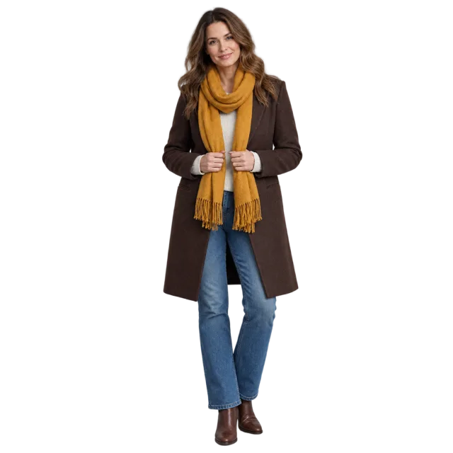Woman in a brown coat and jeans wearing a long mustard-colored scarf