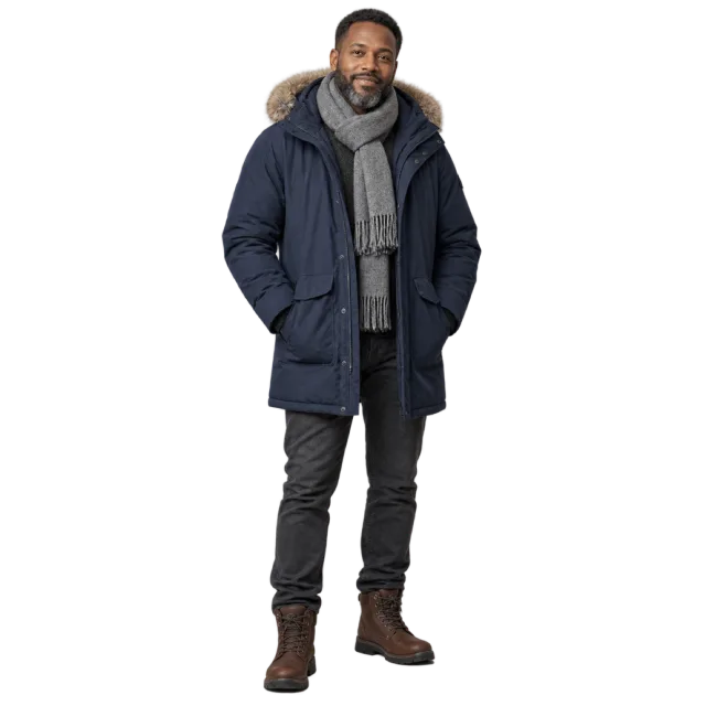 Man in a navy hooded winter coat, grey scarf and dark trousers