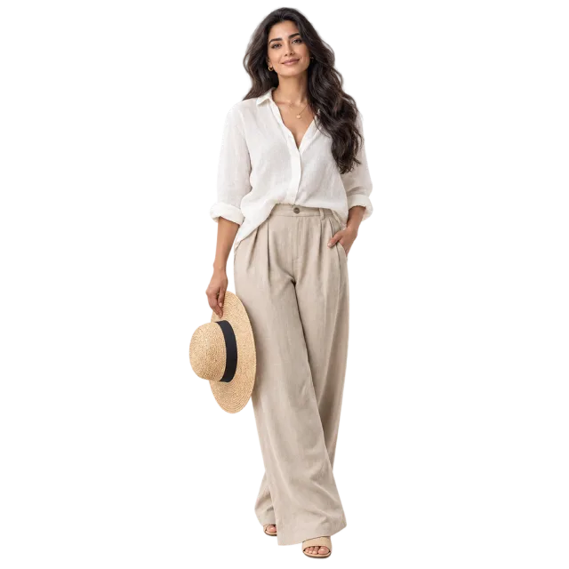 Woman in a white blouse and beige wide-leg trousers holding a straw hat
