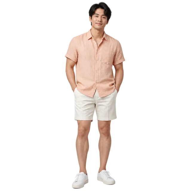 Man wearing a peach short-sleeved shirt, cream shorts and white sneakers