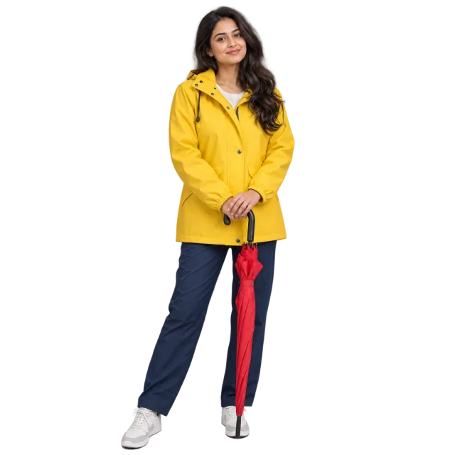 Woman wearing a yellow raincoat and dark trousers while holding a closed red umbrella