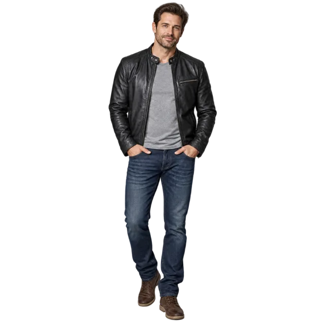 Man wearing a black jacket over a grey shirt with blue jeans