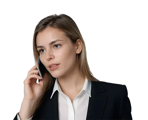Close-up portrait of a woman in a dark blazer holding a phone beside her face on a transparent background