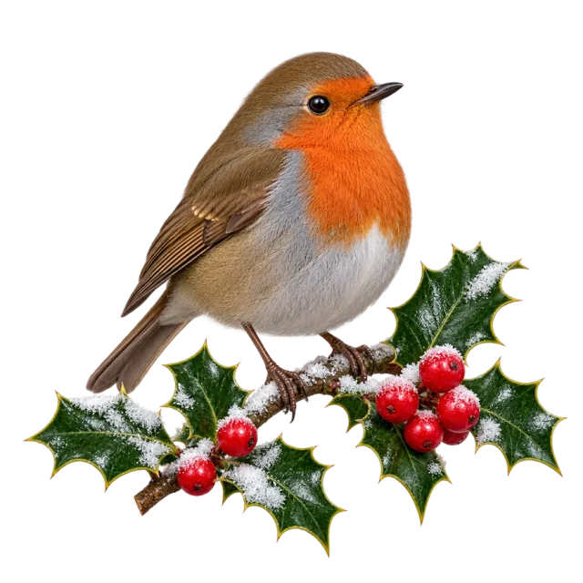 An orange-breasted robin perched on a snowy holly branch with red berries