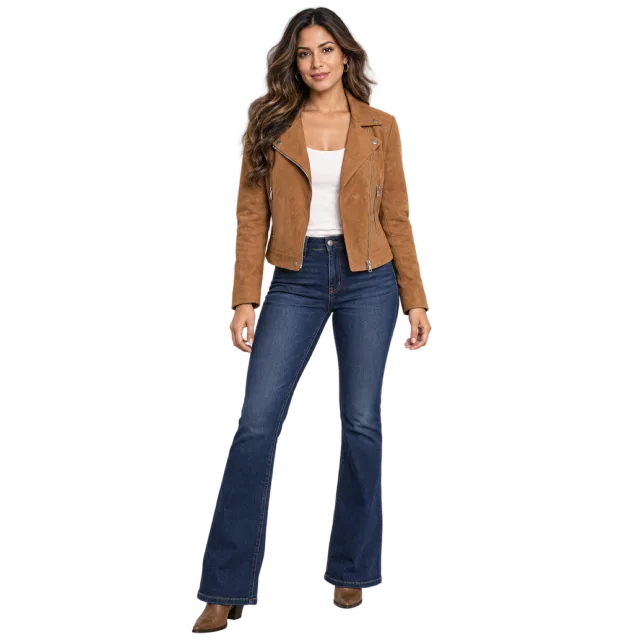 Woman wearing a tan jacket, white top and dark blue flared jeans