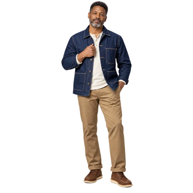 Man in a dark denim jacket, cream shirt and tan trousers