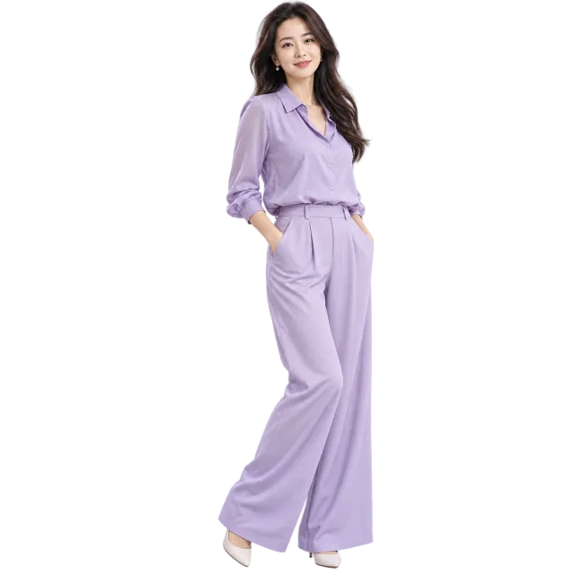 Woman in a lavender blouse and matching wide-leg trousers