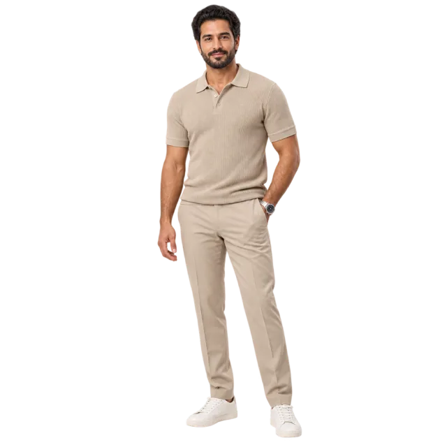 Man wearing a sand-colored polo shirt and matching trousers with white shoes