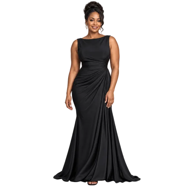 Woman wearing a sleeveless floor-length black gown with a draped skirt
