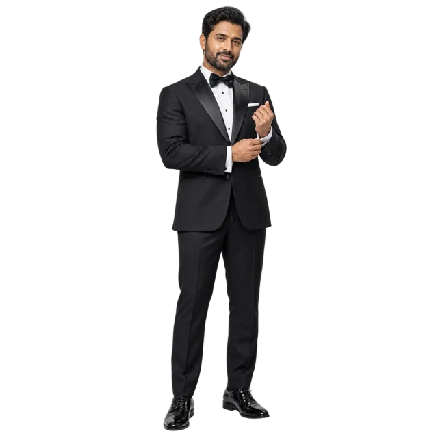 Man adjusting his cuff while wearing a black tuxedo, white shirt and bow tie