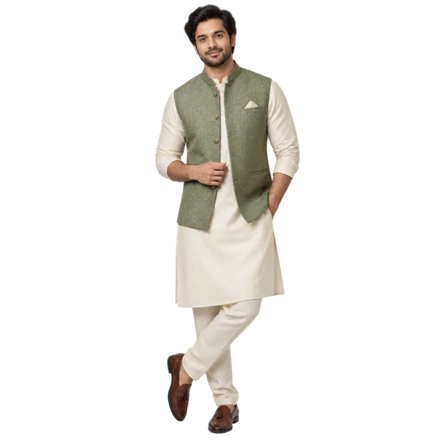 Man wearing an ivory kurta and trousers beneath a sage green vest