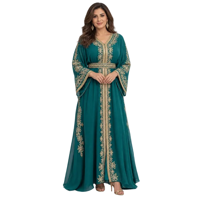 Woman wearing a long teal kaftan with gold-colored decorative trim