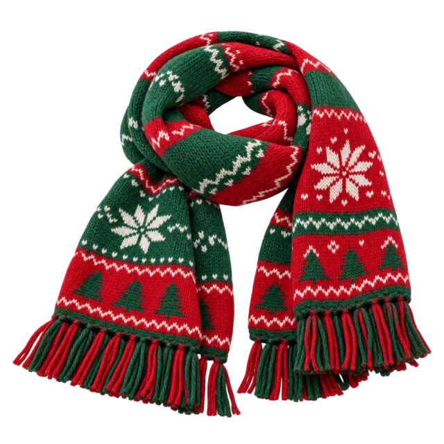 A folded knitted scarf with red and green patterns and fringed ends