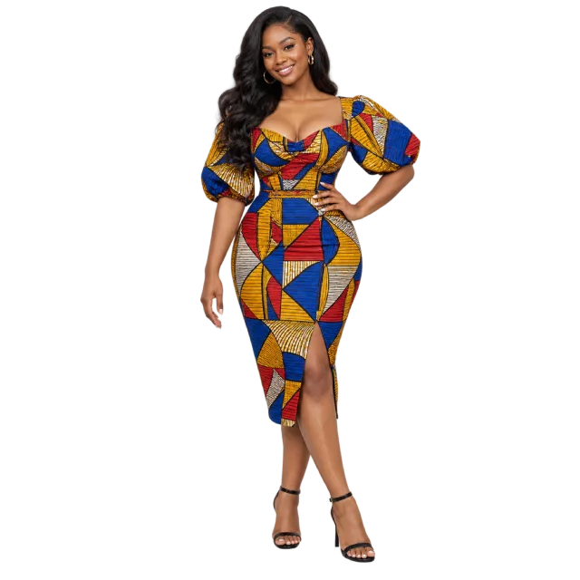 Woman standing with one hand on her hip in a colorful geometric-patterned midi dress