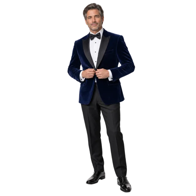 Man in a navy dinner jacket, white shirt, black bow tie and black trousers
