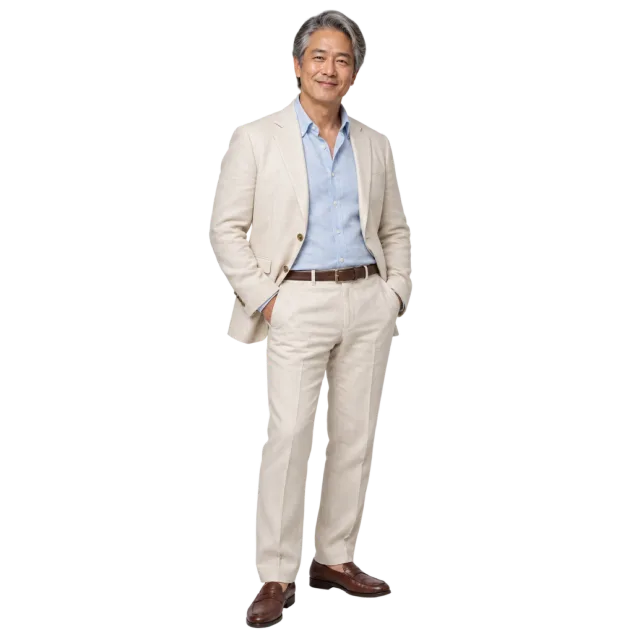 Man wearing glasses and a cream suit over a pale blue shirt