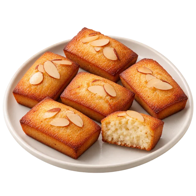 Golden rectangular almond financiers on a white plate, with sliced almonds on top and one piece cut open