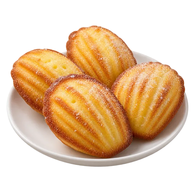 Golden shell-shaped madeleines with ridged surfaces arranged on a plate