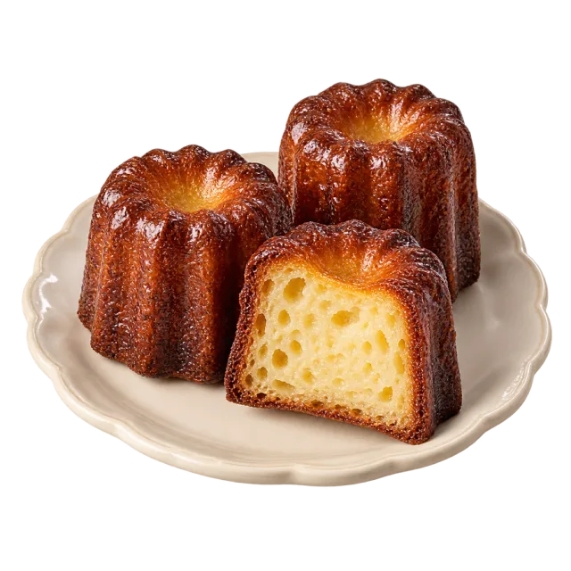 Dark golden canele pastries with fluted sides and a cut piece showing the pale interior