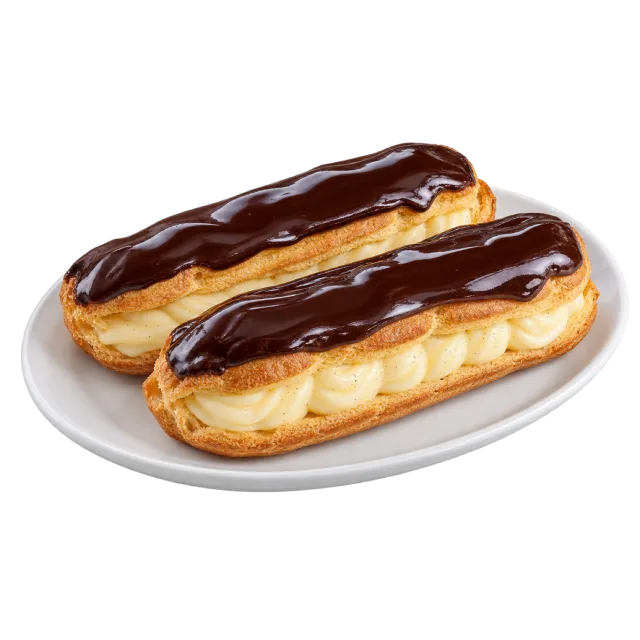 Two chocolate-glazed eclairs with piped cream filling on an oval white plate