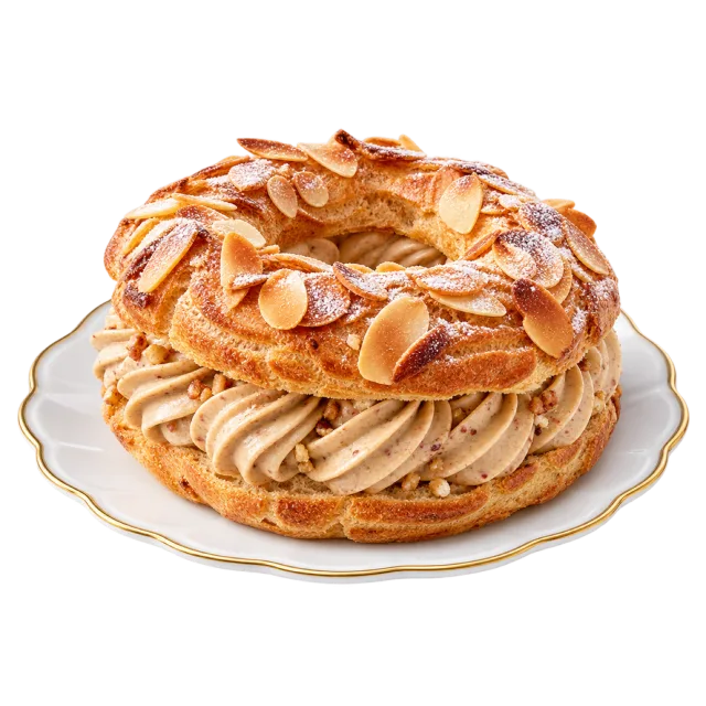 Ring-shaped Paris-Brest pastry with piped cream, sliced almonds and a dusting of sugar