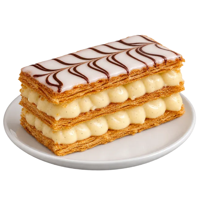 Rectangular mille-feuille with pastry layers, piped cream and chocolate-patterned white icing