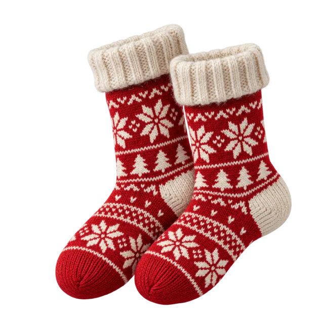 A pair of red socks with white winter patterns and cream cuffs