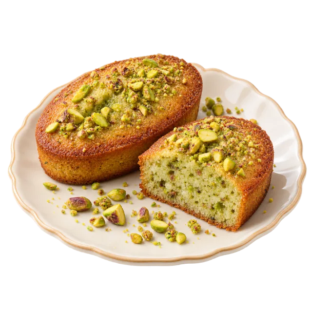 Two golden pistachio friands with green crumb and chopped nuts on a pale plate