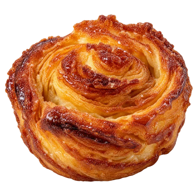 Round kouign-amann pastry with a caramel-colored spiral and crisp layered edges