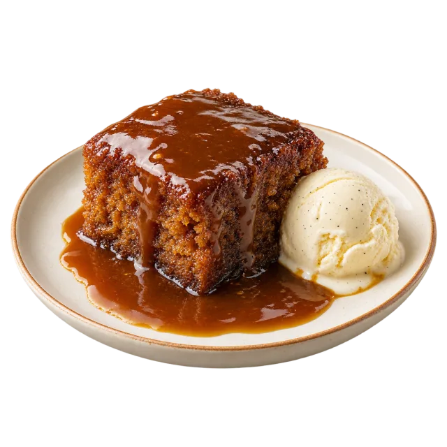 Square sticky toffee pudding covered in brown sauce beside a scoop of ice cream