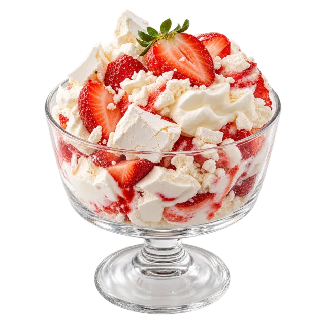 Eton mess in a clear footed glass with strawberries, white cream and meringue pieces
