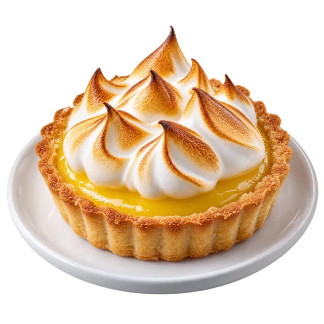 Small lemon meringue tart with yellow filling and toasted meringue peaks