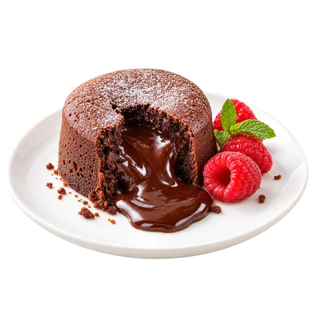Chocolate lava cake cut open with glossy filling flowing onto a plate beside raspberries