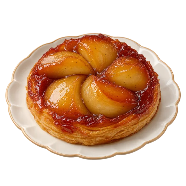 Round pear tarte tatin with glazed pear slices arranged over golden pastry