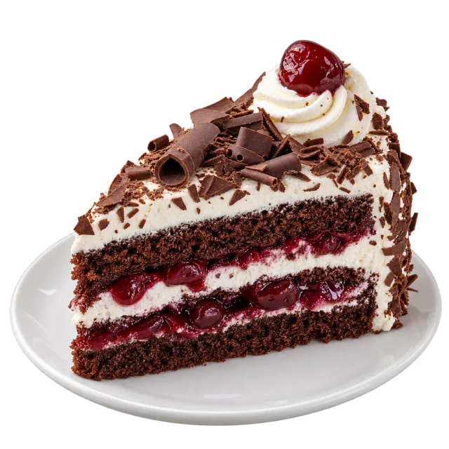 Black Forest gateau slice with chocolate sponge, cream layers, cherries and chocolate shavings