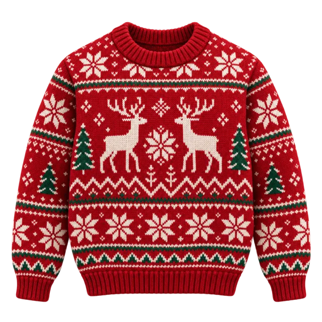 A red knitted sweater with white reindeer, snowflakes and green accents