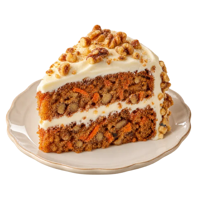 Carrot and walnut cake slice with pale frosting and walnut pieces on top